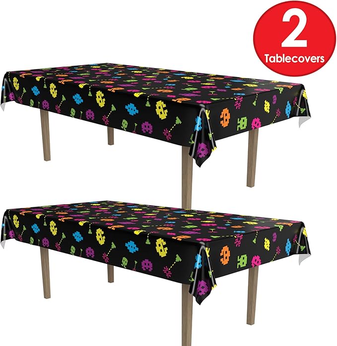 Beistle 80’s Tablecovers, 54” x 108”, 2 Pieces – Plastic Rectangular Tablecloth, Table Covers for Party, Party Decorations, Birthday Video Game Supplies, Multi Color