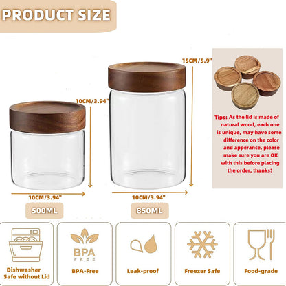 Set of 2 Glass Food Storage Jars, Premium Clear Glass Container Jar with Airtight Wooden Screw Lid, Kitchen Canisters for Coffee,Tea,Pasta,Cookies