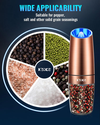 XinXu Gravity Electric Pepper and Salt Grinder Set, Adjustable Coarseness, Battery Powered with LED Light, One Hand Automatic Operation, Stainless Steel -Copper, 2 Pack