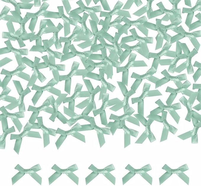 Meseey 100 Pcs 1.5 Inches Premade Craft Bows Self Adhesive Sage Green Satin Ribbon Bows for Treat Bags Gift Wrapping Basket Wedding Baby Shower Brithday Party(Sage Green)