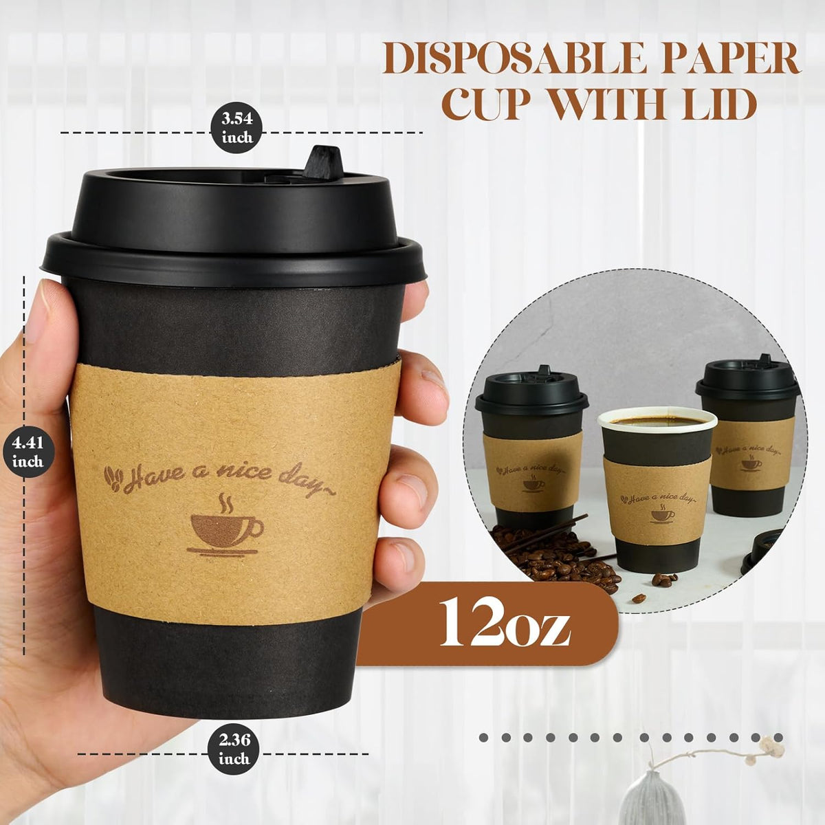Litopak 100 Pack 12 oz Paper Coffee Cups for Hot Chocolate Drinks, Black Disposable Coffee Cups with Lids, Sleeves and Stirring Sticks for Parties