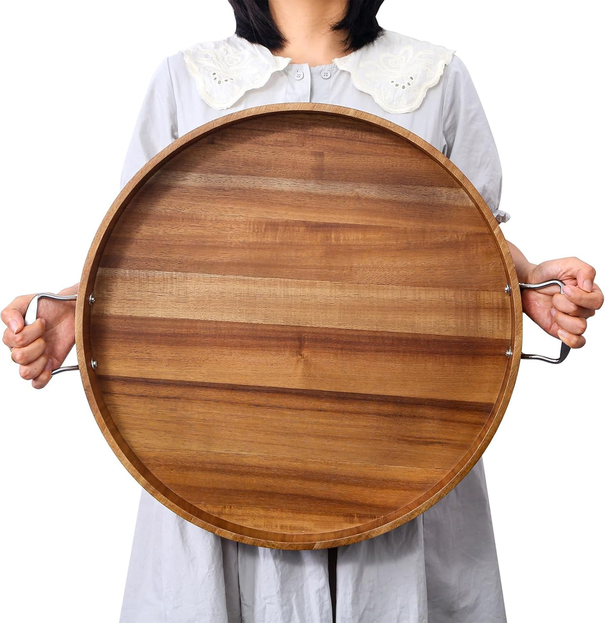 Ottoman Tray with Handles, 20 Inch Round Ottoman Tray Large Trays for Ottomans Wooden Serving Tray Decorative Trays for Living Room, Party, Breakfast