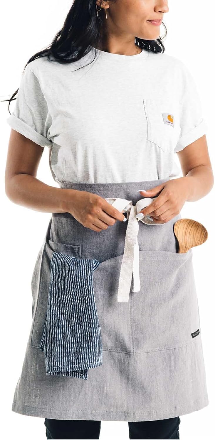 Caldo Linen Bistro Cafe Apron - Professional Grade with Pockets, Half Kitchen Apron, Mid Length 23 x 23, 40 Inch Waist Ties