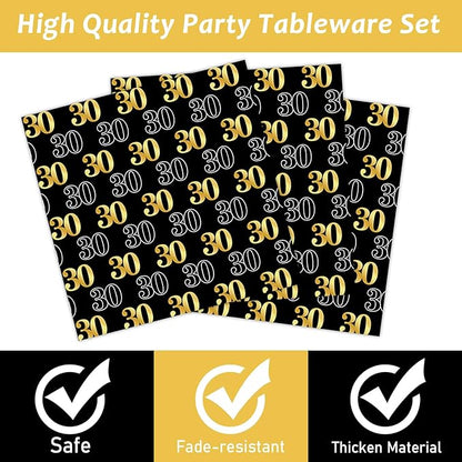 96PCS 30th Theme Birthday Party Tableware Vintage 1996 Party Supplies 30 Year Old Birthday Decorations Plates Napkins Forks Black and Gold Dinnerware Favors for Men or Women