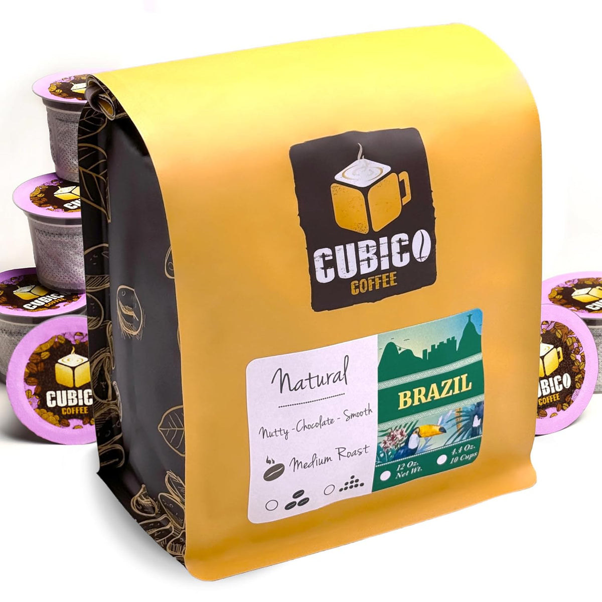 Cubico Coffee Brazil Natural Medium Roast Coffee Pods, 10 Count, K-Cup Compatible, Single Serve Coffee Capsules