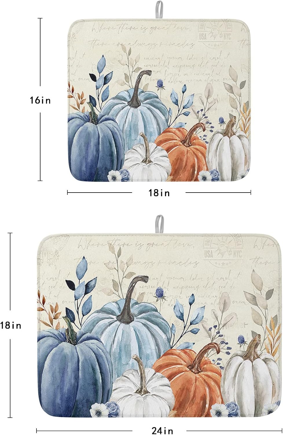 Fall Dish Drying Mat for Kitchen Counter Blue Pumpkin Drying Pad Absorbent Drying Mats for Countertops Sinks Draining Racks Floral Leaves Drainer