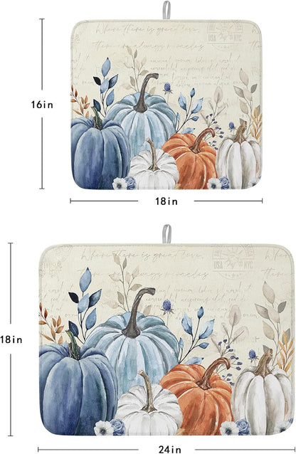 Fall Dish Drying Mat for Kitchen Counter Blue Pumpkin Drying Pad Absorbent Drying Mats for Countertops Sinks Draining Racks Floral Leaves Drainer