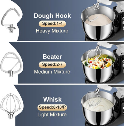 Stand Mixer, Powwa 6.5 QT 10 Speeds Tilt-Head Electric Stand Mixer, 3-In-1 Kitchen Mixer with Bowl, Dough Hook, Whisk and Beater