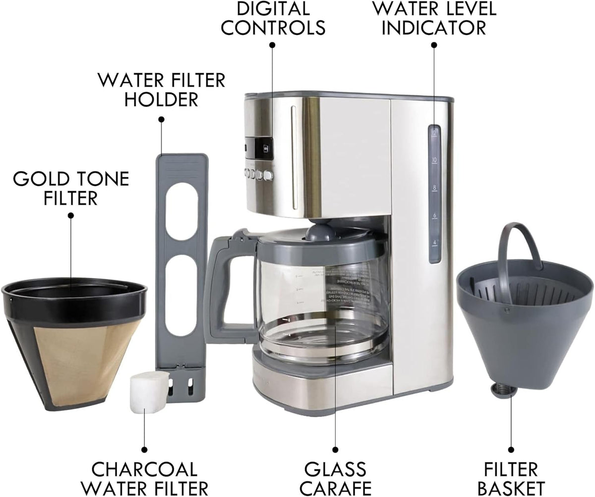 Kenmore Drip Coffee Maker - 12 Cup Programmable Cafe Machine With Glass Pot, Regular & Bold Brew, Auto Shut Off Large Water Reservoir