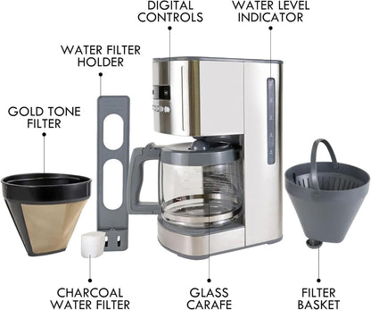Kenmore Drip Coffee Maker - 12 Cup Programmable Cafe Machine With Glass Pot, Regular & Bold Brew, Auto Shut Off Large Water Reservoir