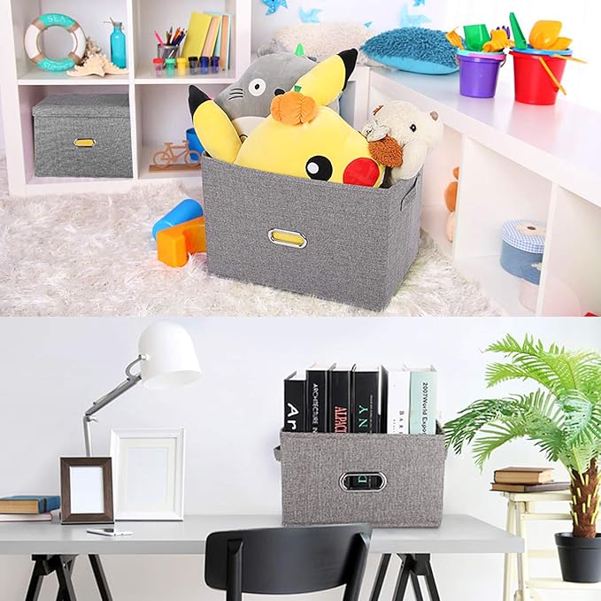 Linen Fabric Collapsible Storage Bins with Removable Lids and Handles, Washable Storage Box Containers Baskets Cube with Cover for Bedroom,Closet,Office,Living Room,Nursery (Coffee, Medium)