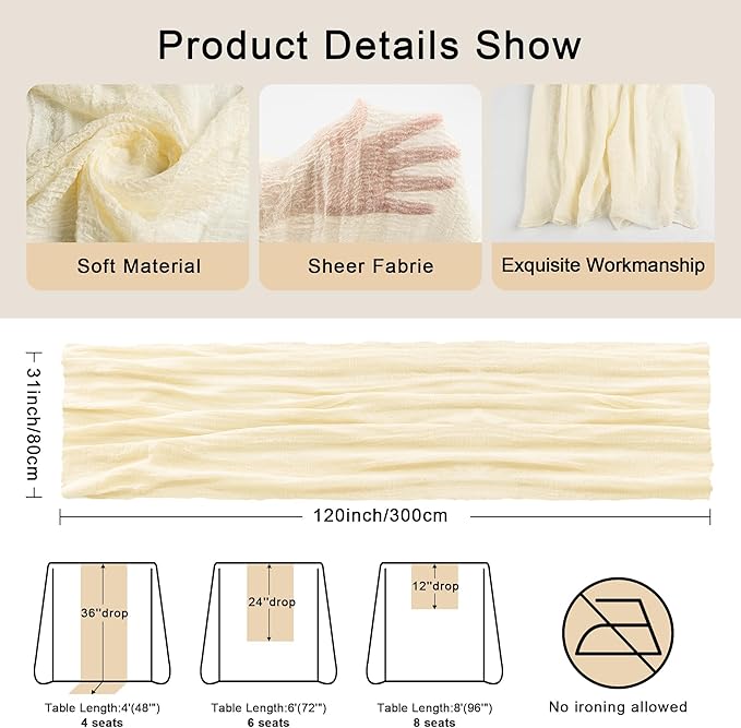 FEXIA Beige Table Runner Ivory Cheesecloth Table Runner 30x118 Inches Rustic Gauze for Easter Decor Wedding Baby Shower Bridal Shower First Communion Home Decorations