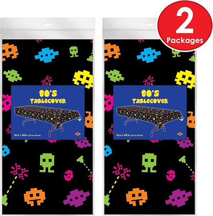 Beistle 80’s Tablecovers, 54” x 108”, 2 Pieces – Plastic Rectangular Tablecloth, Table Covers for Party, Party Decorations, Birthday Video Game Supplies, Multi Color