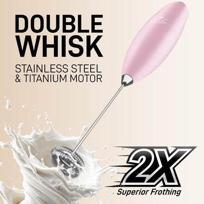 Zulay Kitchen Powerful Double Whisk Milk Frother Handheld - Foam Maker With Stand - Whisk Drink Mixer for Coffee, Mini Foamer for Latte, Matcha, Frappe, Hot Chocolate & Cappuccino - Pink