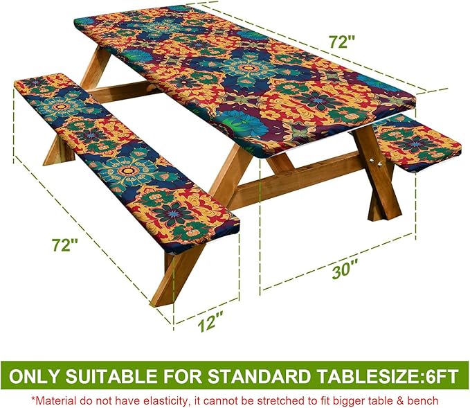 Ornate Geometric Picnic Table Cover with Bench Covers Set of 3-Multicolor Symmetrical Design,Elastic Fitted Tablecloth for 6 Ft Tables, Washable Polyester Cover for Camping, Indoor & Outdoor