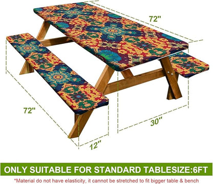 Ornate Geometric Picnic Table Cover with Bench Covers Set of 3-Multicolor Symmetrical Design,Elastic Fitted Tablecloth for 6 Ft Tables, Washable Polyester Cover for Camping, Indoor & Outdoor
