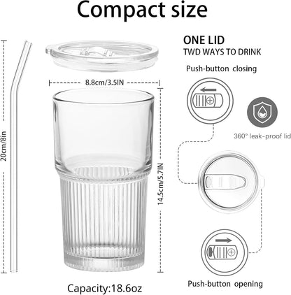 Luiaiog Glass Cups with Lids and Straws Set of 2, 18.6 oz Ribbed Drinking Glasses, Leakproof Glass Tumbler for Iced Coffee, Smoothie, Boba, Reusable Cups with Straw Brush, Dishwasher Safe