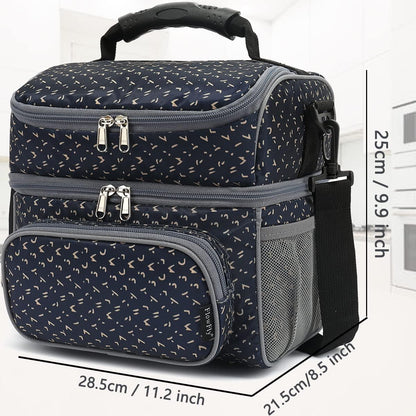 FlowFly Double Layer Cooler Insulated Lunch Bag Adult Lunch Box Large Tote Bag for Men, Women, With Adjustable Strap,Front Pocket and Dual Large Mesh Side Pockets