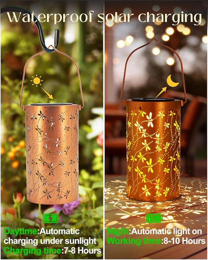 DIBIEECN Birthday Gifts for Women Mom Grandma Wife, Solar Lanterns Outdoor Waterproof, Metal Hanging Lights Garden Decor, LED Decorative Lantern for Patio Porch Backyard, Dragonfly, 4 Pack
