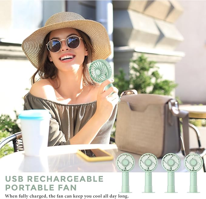 Tujoe 6 Pcs Mini Powerful Handheld Fan 3 Speed Personal Small Portable Rechargeable Fan with Base USB for Women Eyelash Makeup Office Travel Beach Indoor Outdoor (Sage Green)