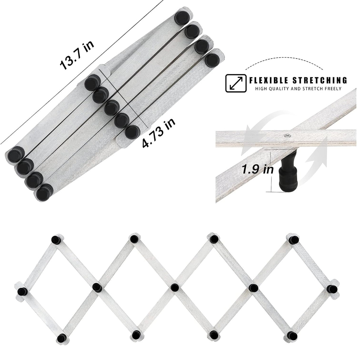 Wgfkvas 2 Pack Expandable Coat Rack, Accordion Wall Hanger, Wooden Hat Rack Wall Mounted, Accordion Hook for Mugs, Cap, Coats, 13 Hooks (Pegs), White