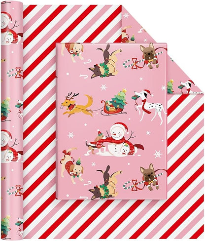 WERNNSAI Dog Christmas Wrapping Paper Roll - 1 Roll 17”x 33 ft Pink Puppy Christmas Wrapping Paper Reversible Red Candy Cane Stripe Gift Wrap for Kids Adults Xmas Winter Puppy Party Celebration