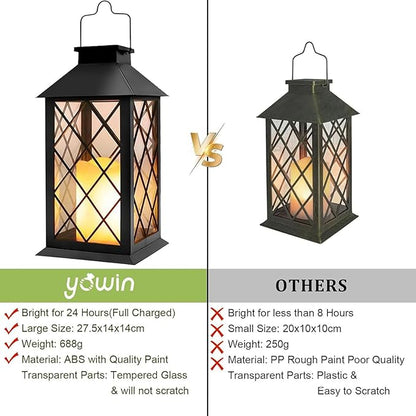 Yowin Solar Lanterns Outdoor Waterproof 14" Large Tempered Glass Solar Hanging Lantern for Outside with Flickering Candle, Mother's Gift Ideas, Wall Lamps for Garden Patio Vintage Decorations - Black