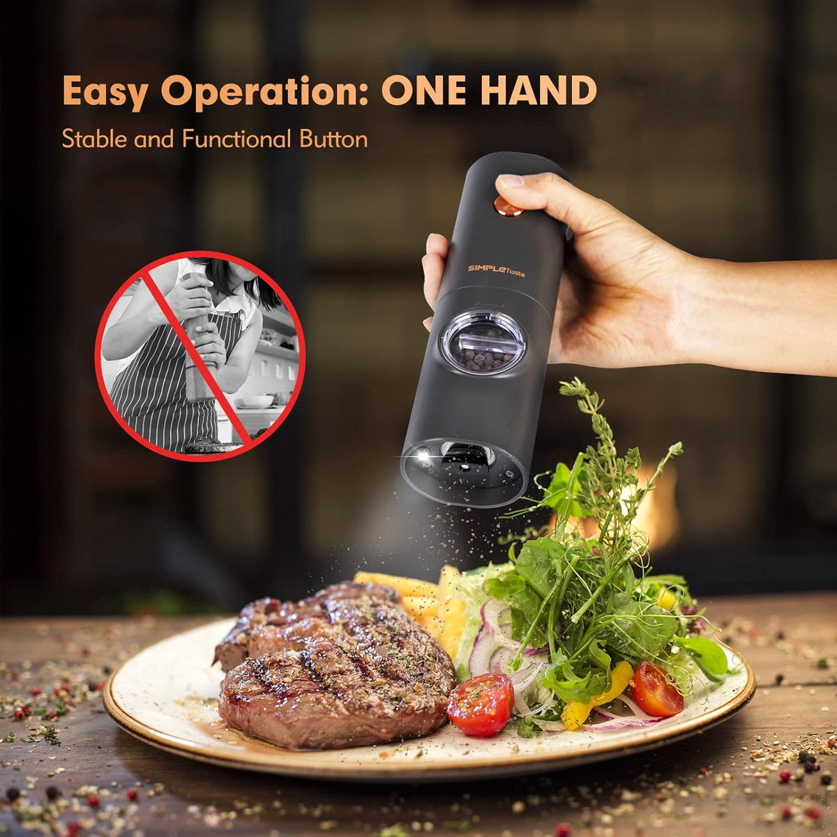 SIMPLETASTE Electric Salt and Pepper Grinder Set, One-Handed, Battery Powered, Adjustable Coarseness, LED Light, Pepper mills with stand, Seasoning Tools for Kitchen, Dining or Gifting