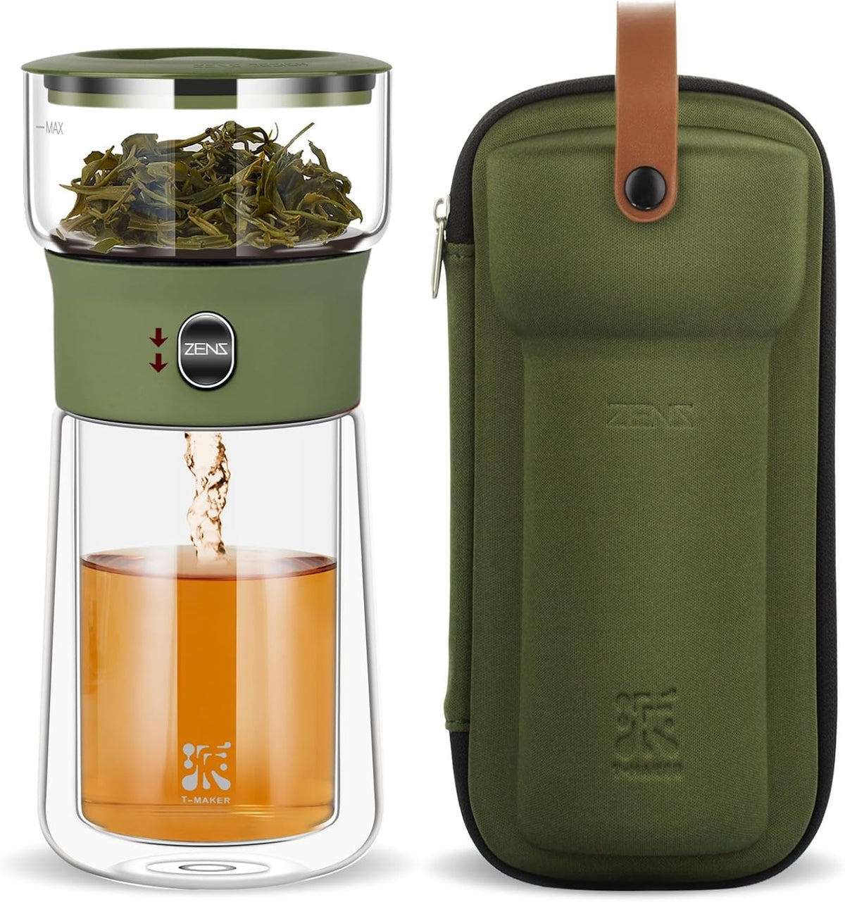 Zens Modern Glass Infuser Teapot, Smart One Touch Tea Maker for Loose Tea Diffusers with Insulated Mug and Portable Case