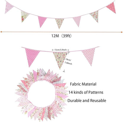 Zwiebeco 39Ft Pink Floral Fabric Bunting Banner Triangle Flag Party Decorations Hanging Cotton Rustic Vintage Flowers Garland Pennants for Wedding Birthday Tea Nursery Home Outdoor Garden Accessories