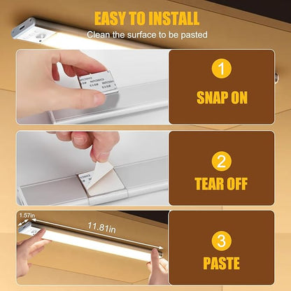 Under Cabinet Lighting 2 Pack, 50 LED USB Rechargeable Closet Lights of 11.81in, 2200mAh Battery Operated Motion Sensor Light Indoor, 50-150LM, 3 Color Temps Dimmable for Kitchen Stairs Wardrobe