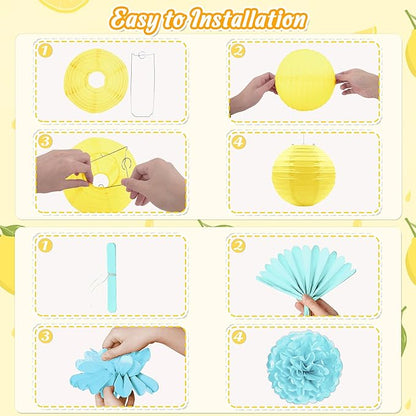 23pcs Amalfi Coast Party Decorations - Capri Lemon Yellow Blue White Hanging Paper Lanterns, Fans, Pom Poms, Honeycomb for Birthday, Baby Shower, Mediterranean, Italian Summer Themed Decor