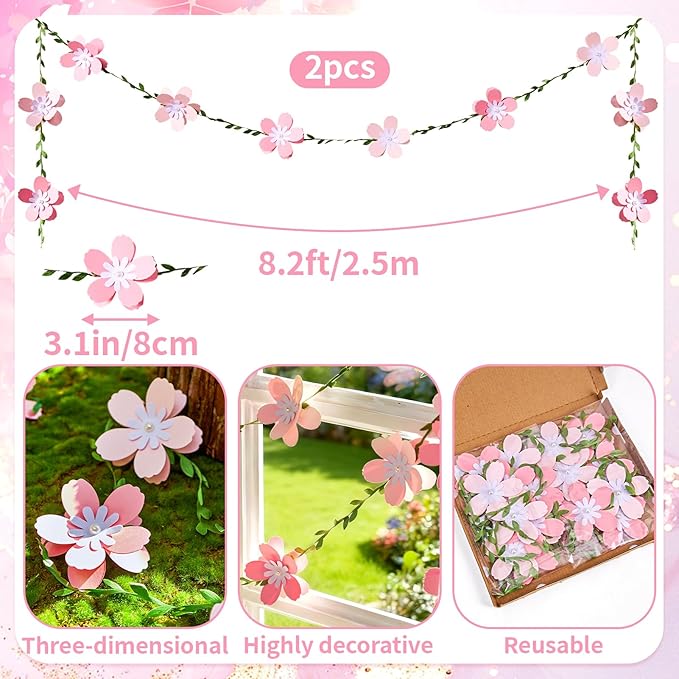 3D Cherry Blossom Flower Garland (2PCS) Flower Banner Pink Paper Cherry Flower Garland for Spring Garden Party Wedding Backdrop Arch Decor