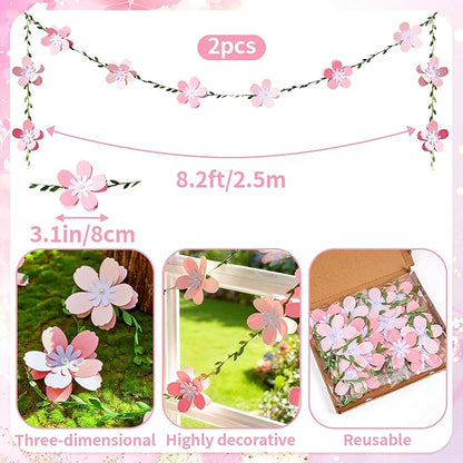 3D Cherry Blossom Flower Garland (2PCS) Flower Banner Pink Paper Cherry Flower Garland for Spring Garden Party Wedding Backdrop Arch Decor