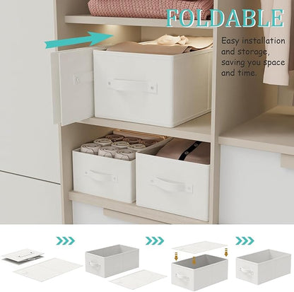 Foldable Closet Organizer, 3 Pack Cube Storage Bin, Clothes Basket for Shelves with 2 Handles, Saving Space, White & Ivory, 18.5 x 11 x 7.9 In, XSNY11WL-3