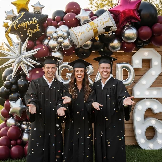 Graduation Balloons Garland Kit 153Pcs, Maroon Black Silver Balloon Arch Kit with GRAD Letters Grad Cap Diploma Balloon Burgundy Balloons Arch for Class of 2026 Graduation Birthday Party Decor