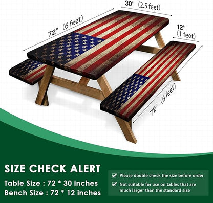 Picnic Table Cover with Bench Covers Elastic Edges, American Flag Fitted Table Cover, Outdoor Patio Camping Essentials 72 Inch 3PCS, Waterproof Camping Fitted Tablecloth with Drawstring Bag