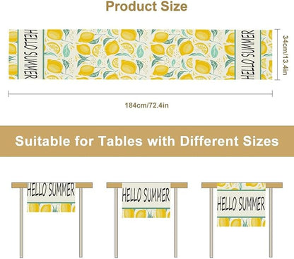 Spring Yellow Lemon Table Runner, Hello Summer Seasonal Exotic Fresh Fruits Plants Branch Leaves Print Table Cover for Farmhouse Kitchen Table Party Decor, 13x90inch
