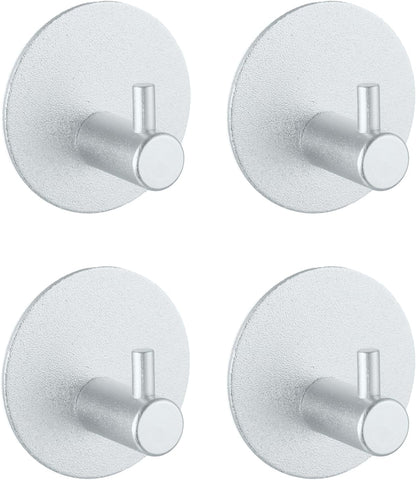 Aluminum Wall Hooks, No Drill Damage-Free Adhesive Hook, Product for Hanging Heavy Duty for Bathroom Kitchen Home (Single Round Sliver Hook, 4)