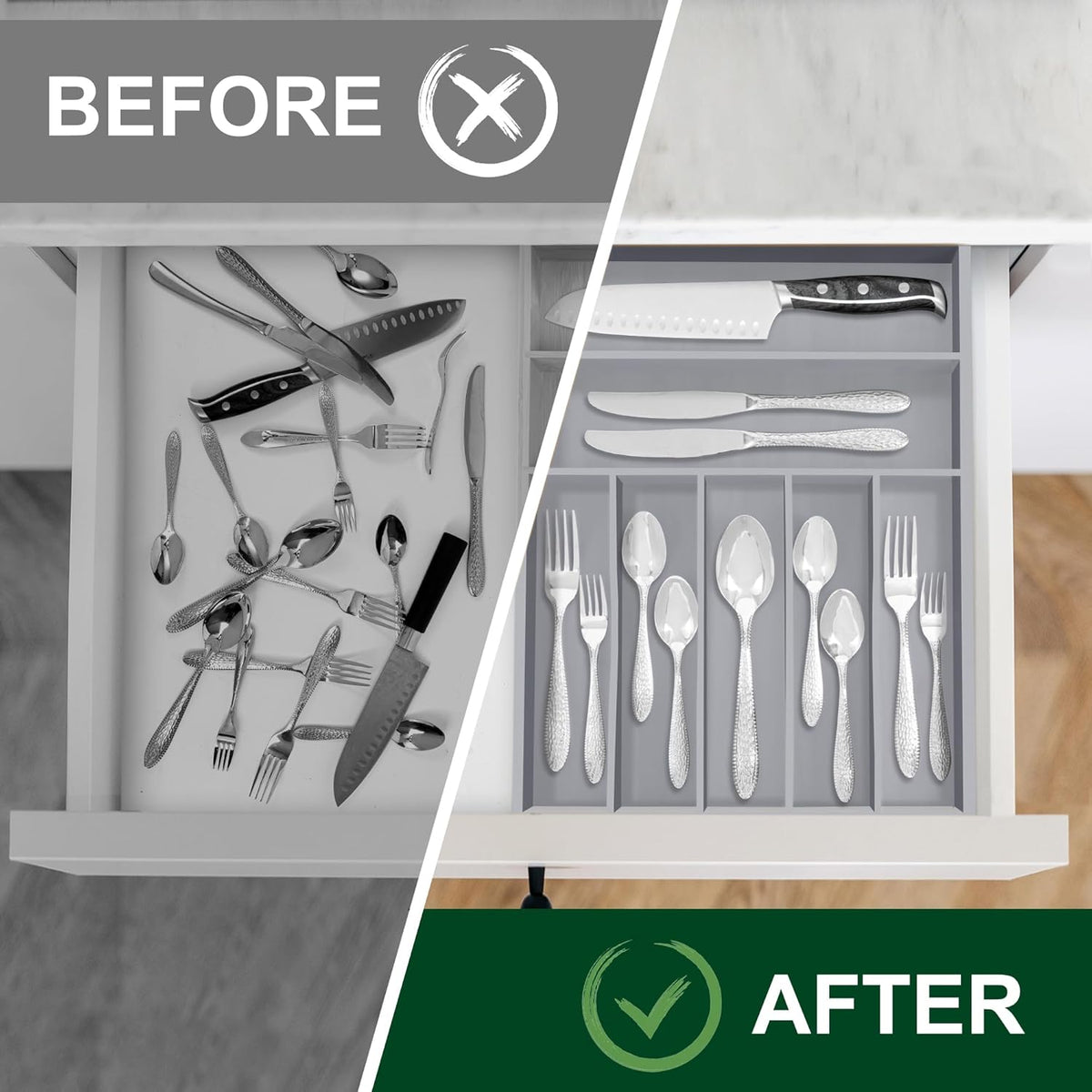 Bellsal Grey Utensil Organizer 12.5 Inch Silverware Tray for Drawer Utensil Holder Cutlery Organizer Kitchen Drawer Organizer 7 Compartment Small Narrow Bamboo