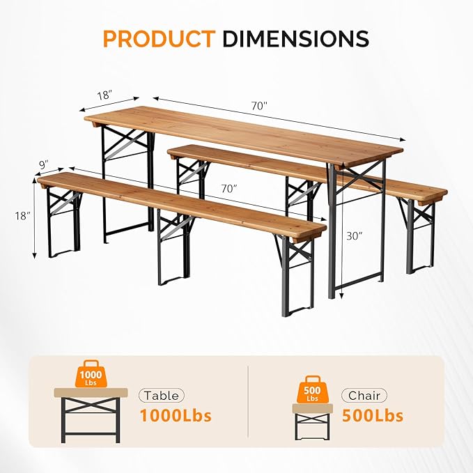 VINGLI 70 Inch Folding Picnic Tables with Benches Set, Weather-Resistant Wooden Beer Garden Table Bench, 3-Piece Portable Fold Up Camping BBQ Table,Walnut Color