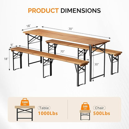 VINGLI 70 Inch Folding Picnic Tables with Benches Set, Weather-Resistant Wooden Beer Garden Table Bench, 3-Piece Portable Fold Up Camping BBQ Table,Walnut Color