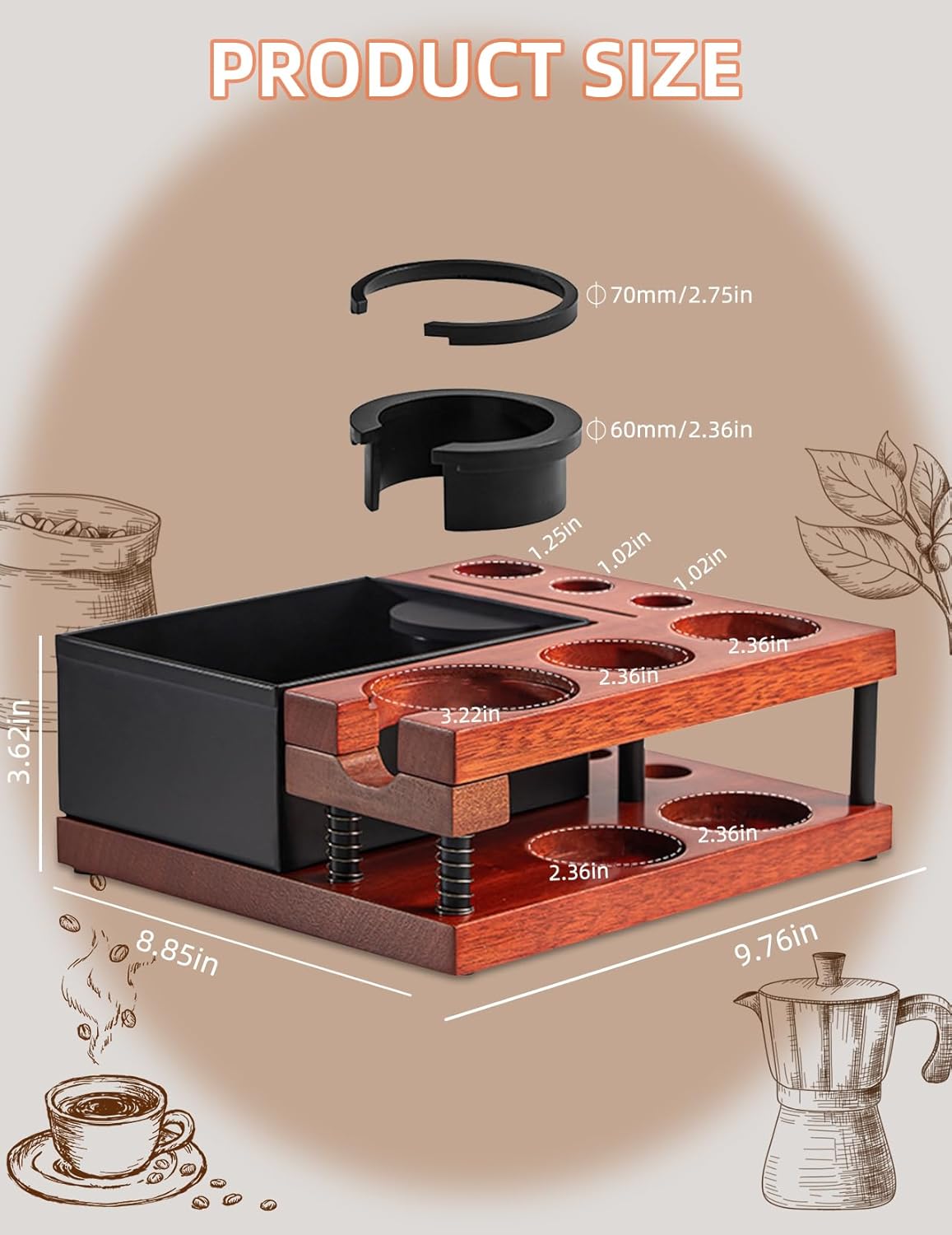 Espresso Tamping Station, Wood Knock Box with Self Leveling Spring Magnetic 51 to 58mm Portafilter Fit Tool Dock for Home Baristas, Coffee Shops