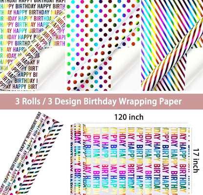 Birthday Wrapping Paper Iridescent Gift Wrapping Paper Mini Roll Baby Girl Shower Wrapping Paper, 3 Rolls Happy Birthday Polka Dots Stripes Printed Assortment - 17 inch x 120 inch(10feet) Per Roll