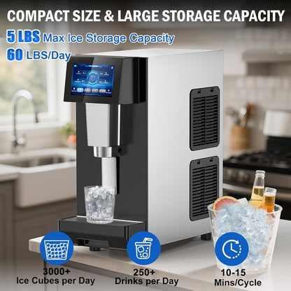 Nugget Ice Maker Countertop, 60 LBS/Day with 5LBS Storage Bin, Water Dispenser Countertop Ice Maker Machine Stainless Steel, Soft Chewable Pellet Ice Machine for Home Bar Kitchen Office, Self-Cleaning