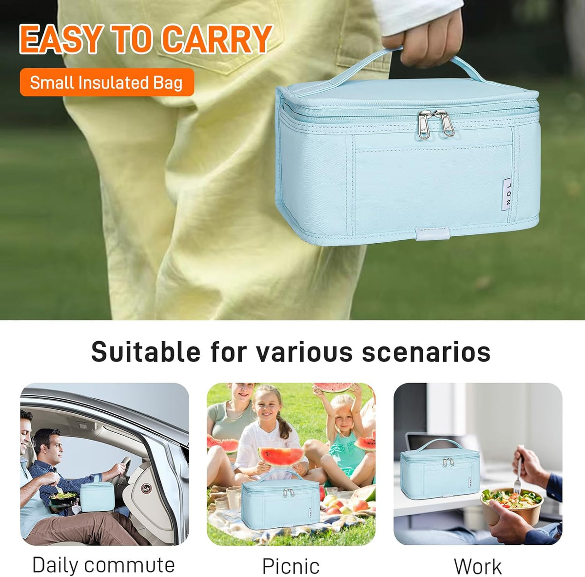 NOL Natural Organic Lifestyle Small Lunch Bag Mini Lunch Box Insulated Lunch Bag for Men/Women Leakproof Cooler Tote Bag Lightweight Nylon Waterproof Lunch Box For Work, Light blue