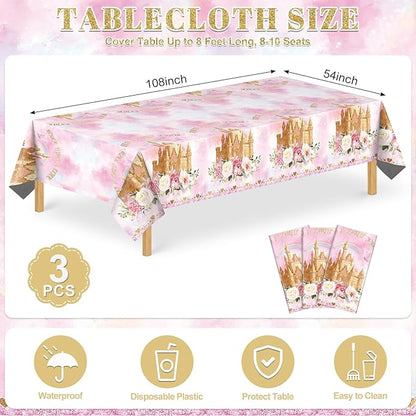 3 Pack Princess Tablecloths, 54 x 108 Inch Disposable Pink Rose Castle Themed Table Cloth Waterproof Pink Tablecloth Rectangle Birthday Party Table Cover for Girls Birthday Baby Shower Party Supplies