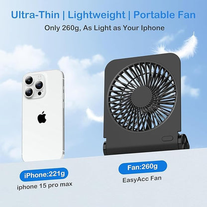 EasyAcc Small Travel Desk Fan, 4000 mAh Slim Portable Fan for Slumber Pod Camping, 180°Tilt Folding, Fully Foldable, Rechargeable, Office Desktop Desk Camping Travel Accessories