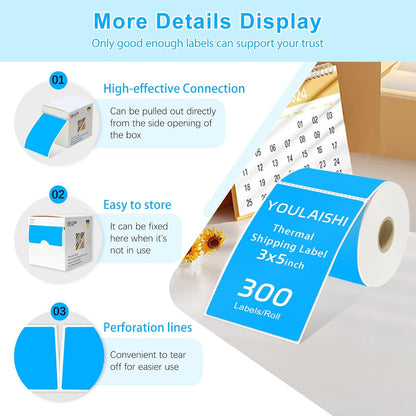 3 X 5 Inch Printable Rectangle Color Coding Labels, 300 Per Roll Adhesive Color Coding Stickers for Bar-Codes, Address, Small Business Labeling, Inventory, Fluorescent Blue