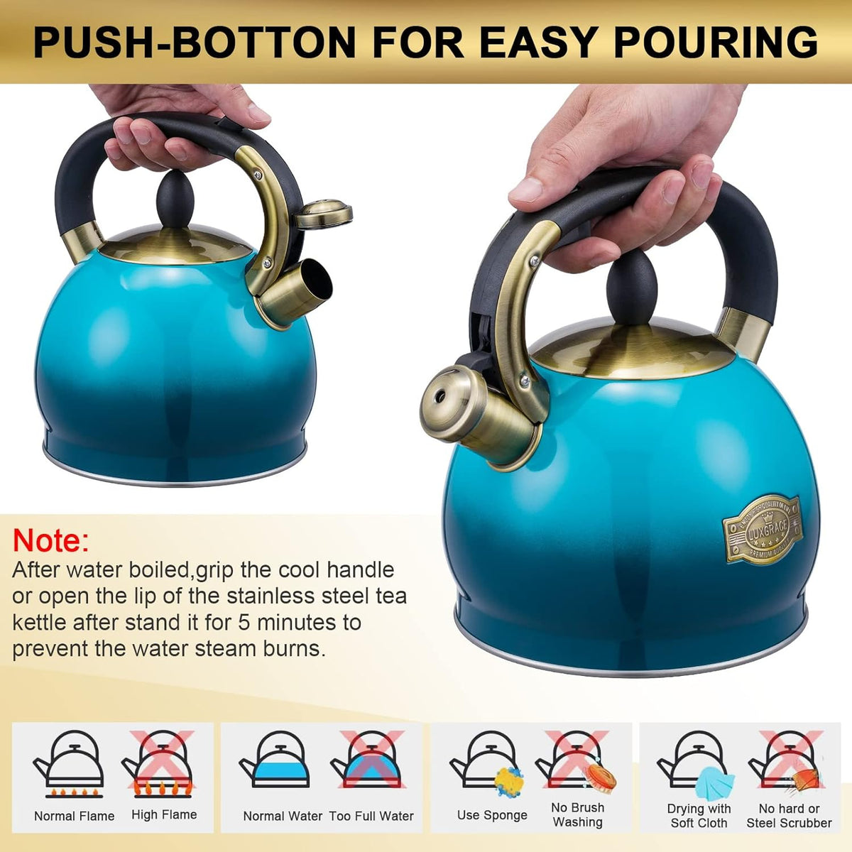 Whistling Tea Kettle Stove Top Teapot, Stainless Steel Teakettle (2.8 Quart, Blue)